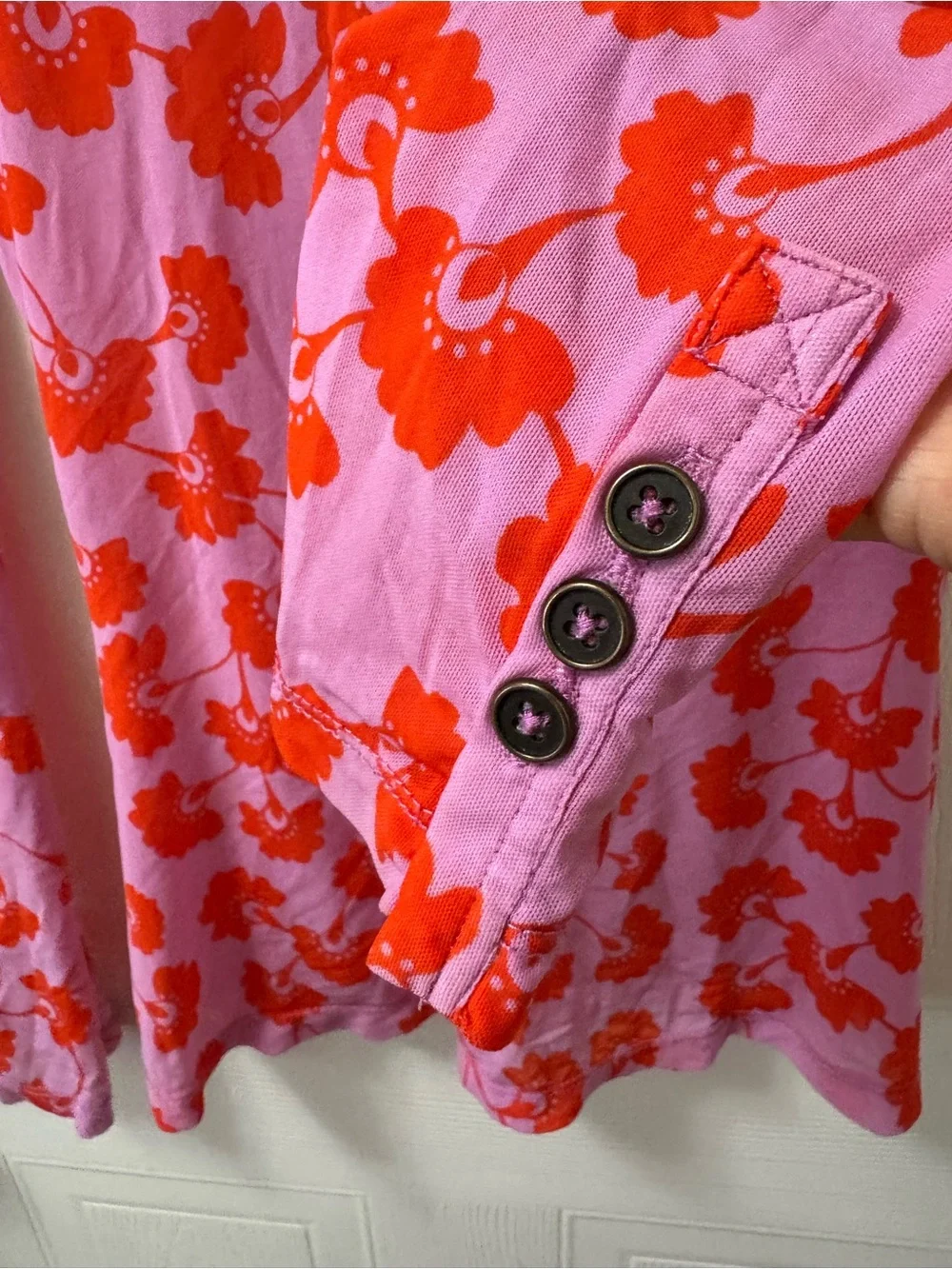 Free People Pink Button-Down Top with Red Floral Print